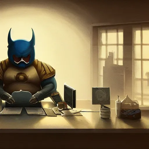 Image similar to a insanely detailed painting of a fat masked superhero wearing a costume sitting at a desk, staring at the nervously at the computer typing, in the style of peter mohrbacher, dramatic lighting and composition, trending on artstation, concept art, comic book