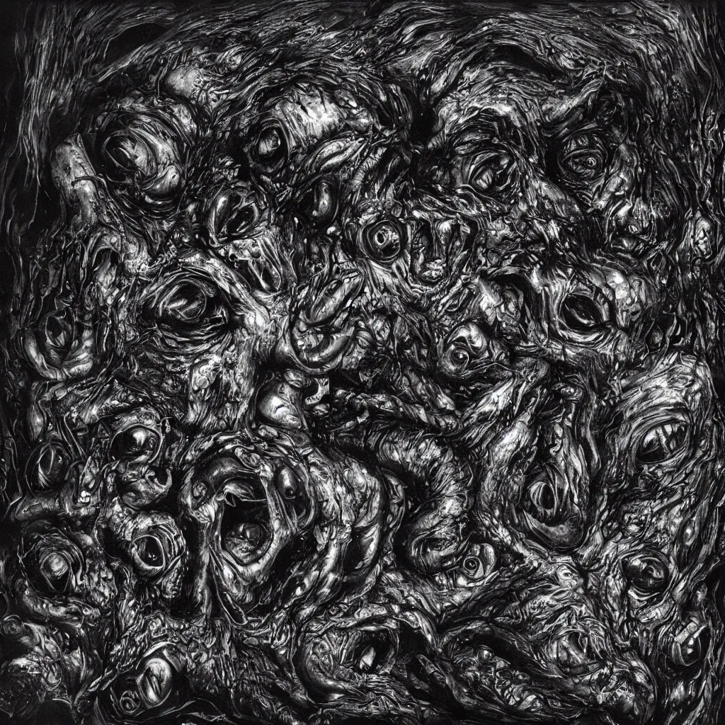 Image similar to a huge monster from dark oily gelatinous substance, with hundreds of faces just below the surface, covered in human eyes, ominous, dark lighting, barely visible from the shadows