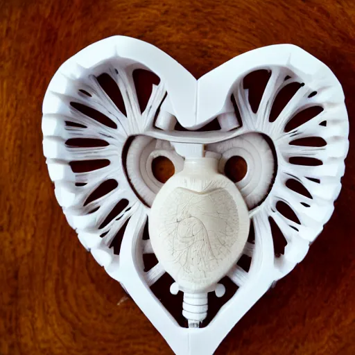 Image similar to anatomically correct bio mechanical heart carved out of ivory, canon 5 d 5 0 mm lens