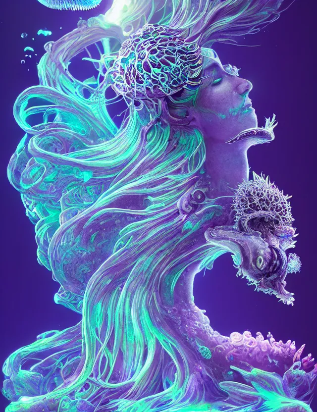 Image similar to goddess macro shouler portrait from bottom to top in crown made of ram skull. betta fish, jellyfish phoenix, bioluminiscent, plasma, ice, water, wind, creature, super intricate ornaments artwork by tooth wu and wlop and beeple and greg rutkowski