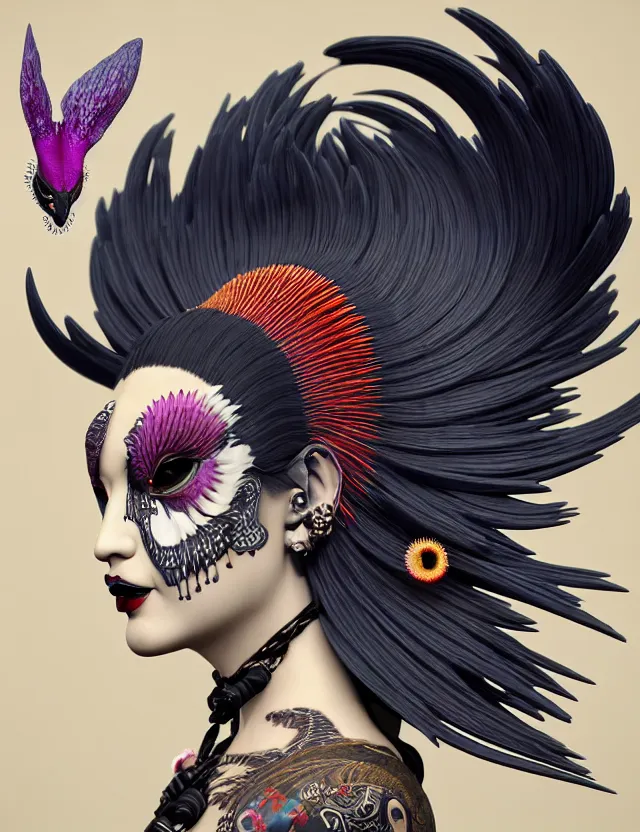 Image similar to 3 d goddess close - up profile portrait punk with mohawk with ram skull. beautiful intricately detailed japanese crow kitsune mask and clasical japanese kimono. betta fish, jellyfish phoenix, bio luminescent, plasma, ice, water, wind, creature, artwork by tooth wu and wlop and beeple and greg rutkowski