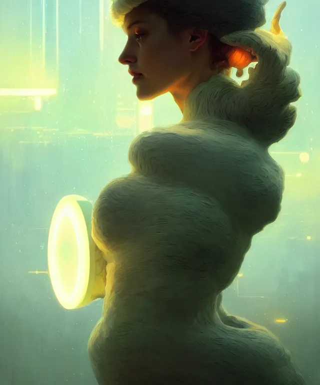 Image similar to Do android sheep dream of electric humans?, highly detailed, digital painting, artstation, concept art, smooth, sharp focus, illustration, art by artgerm and greg rutkowski and alphonse mucha