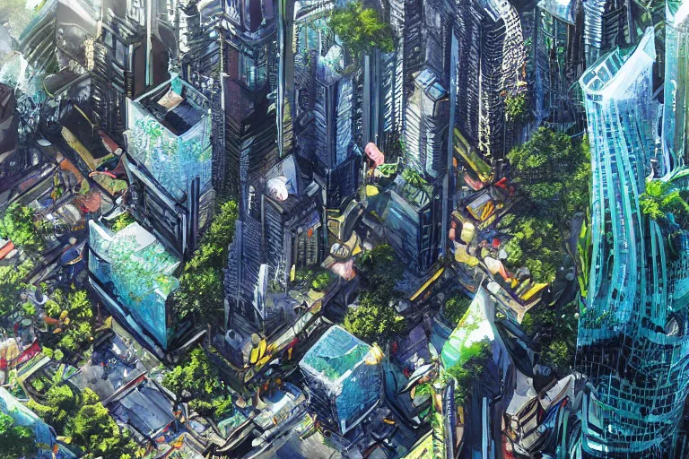 Image similar to birds eye view of a gigantic drift wood monster looming over a bright and lush futuristic city by Makoto Aida