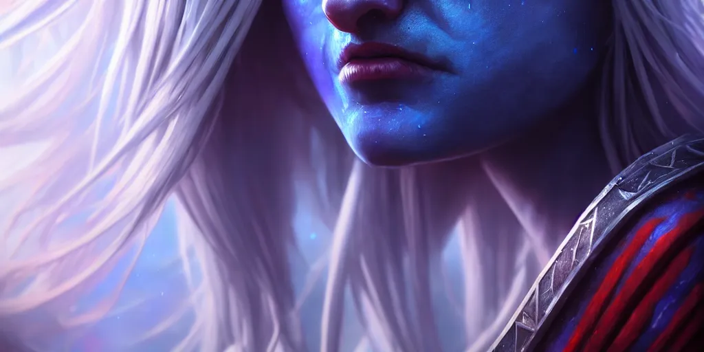 Image similar to ( ( ( ( ( hyperrealist distant portrait of sylvanas windrunner on a blue planet where it rains colors. ) ) ) ) ) by bayard wu, fantasy, photorealistic, octane render, unreal engine, dynamic lighting, trending on artstation, poster, volumetric lighting, very detailed faces, 4 k, award winning