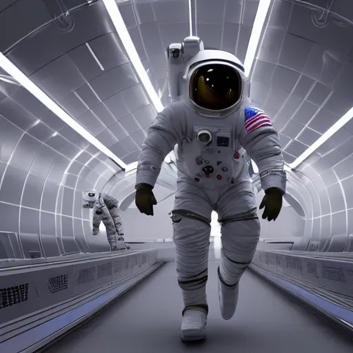 Image similar to 4 k realistic photo of an astronaut walking around a futuristic spaceship, highly detailed