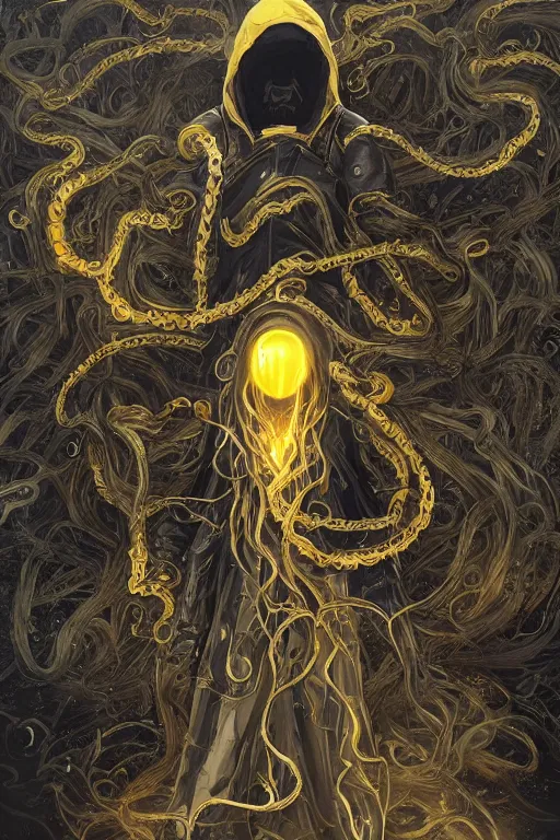 Image similar to A full body portrait of a mysterious character with no face with a very long hooded yellow cloak, a golden crown floating above his head tentacles coming out the ground art by Maciej Kuciara and Jason Chan, ominous, cosmic horror, trending on artstation, Ultra detailed, hyper realistic 4k