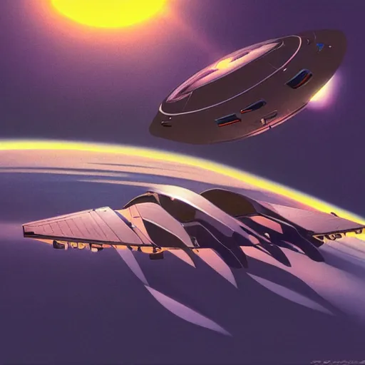 Image similar to flying a space ship into the sun, digital art by syd mead, 8k, photorealistic, trending on artstation