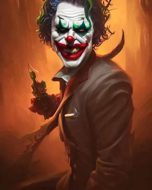 Image similar to Joker, pretty, beautiful, DnD character art portrait, matte fantasy painting, DeviantArt Artstation, by Jason Felix by Steve Argyle by Tyler Jacobson by Peter Mohrbacher by Q Hayashida by Vivziepop, cinematic lighting