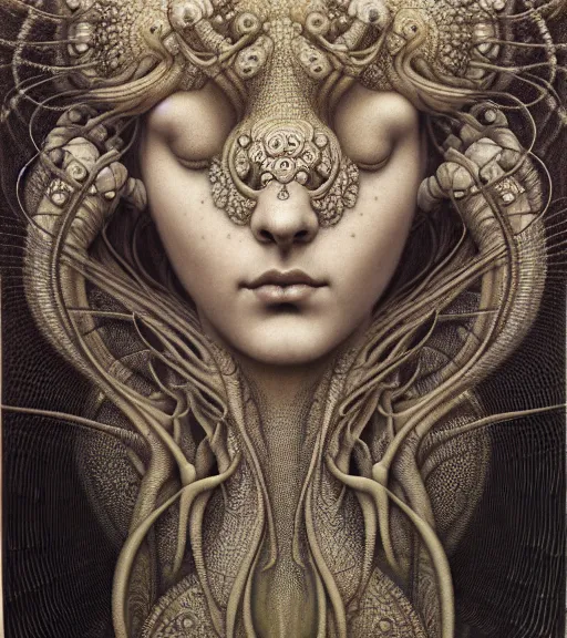 Image similar to detailed realistic beautiful poppy goddess face portrait by jean delville, gustave dore, iris van herpen and marco mazzoni, art forms of nature by ernst haeckel, art nouveau, symbolist, visionary, gothic, neo - gothic, pre - raphaelite, fractal lace, intricate alien botanicals, ai biodiversity, surreality, hyperdetailed ultrasharp octane render