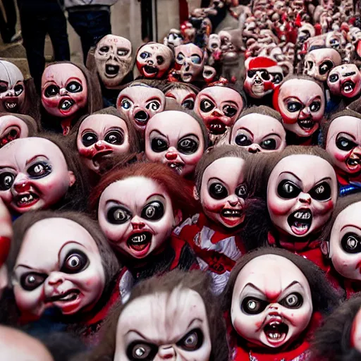 Prompt: the running of the screaming chucky dolls in pamplona spain