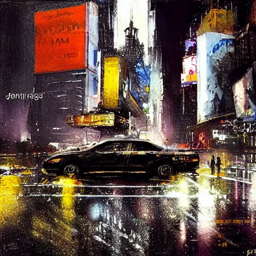 Prompt: spaceship in times square, nyc, night, wet pavement, by jeremy mann, chris foss, jeremy mann