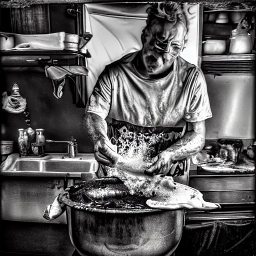 Prompt: a man eating gooey eggs over a sink cinematic hdr 3 5 mm
