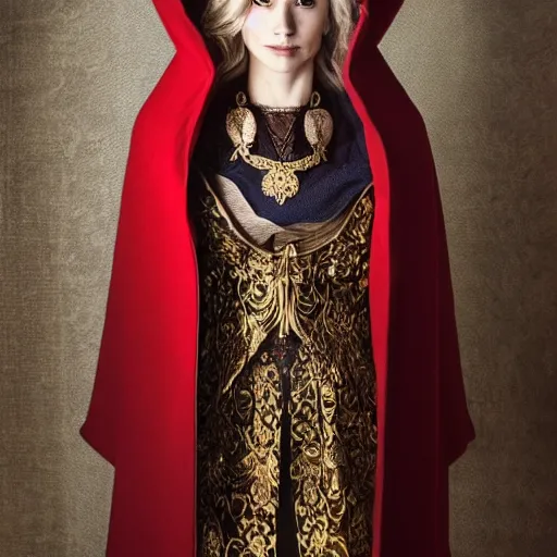 Image similar to photo of a real-life beautiful nordic queen with ornate cloak and crown