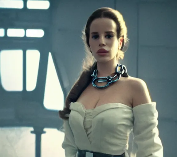 Image similar to a movie still of lana del rey as a handcuffed prisoner with a chain around her neck in the movie star wars