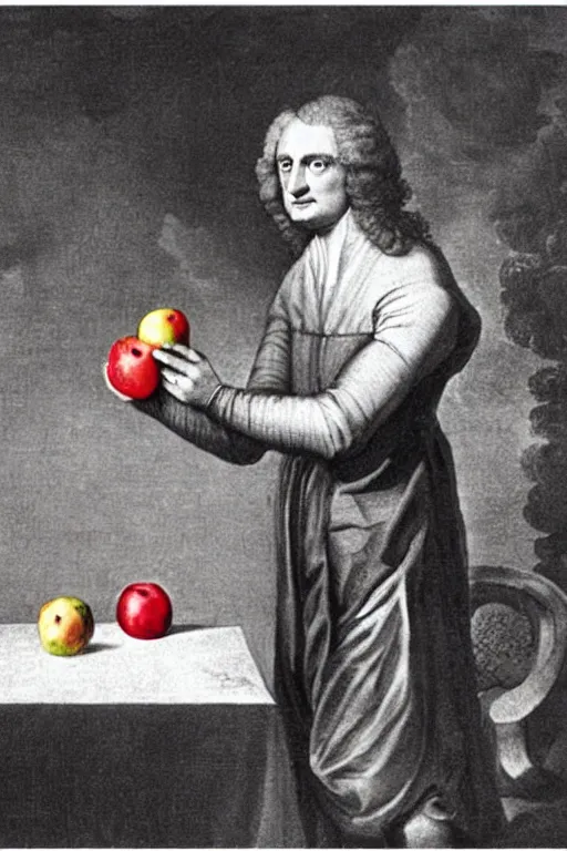 Image similar to isaac newton holding an apple, collage