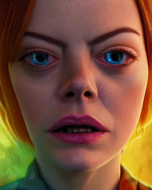 Prompt: portrait ultra dimensional emma stone, accidentally tripping on dmt and acid, psychedelic experience, overwhelming psychosis of self realization and burning awakening, ultra high definition, unreal engine 5, hyperrealism, masterpiece composition, by casey weldon, barclay shaw 8 k photorealistic