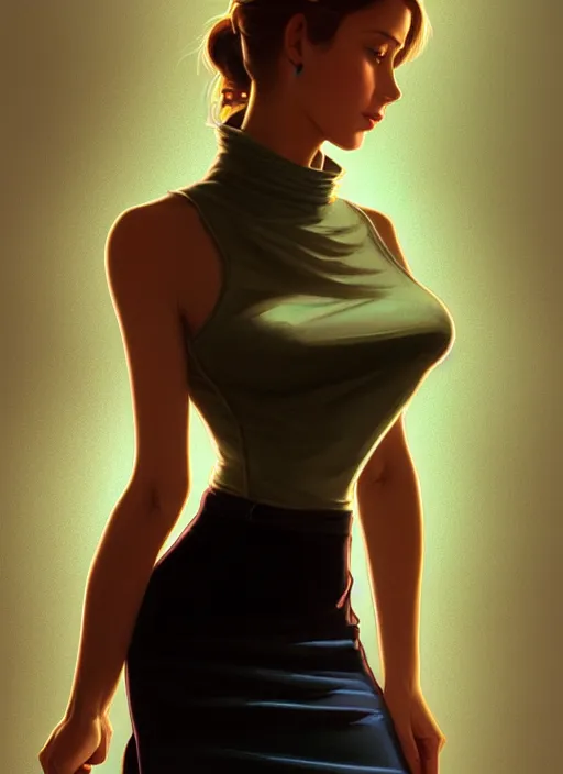 Image similar to portrait of a full body of beautiful young female secretary, d & d, sleeveless turtleneck, pencil skirt, fantasy, flat lighting, intricate, highly detailed, digital painting, artstation, concept art, smooth, sharp focus, illustration, art by simon bisley and greg rutkowski and alphonse mucha, natural tpose