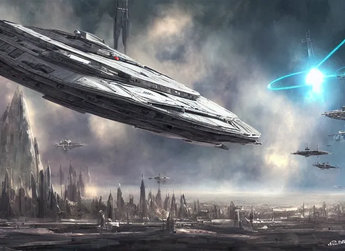 Prompt: a large space ship seen from the surface of a busy metropolis, star wars digital art