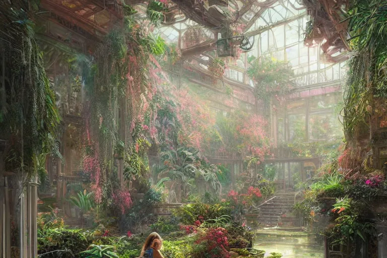 Prompt: a stunningly detailed picture of indoor botanical garden ， girl, by greg rutkowski and thomas kinkade, trending on artstation