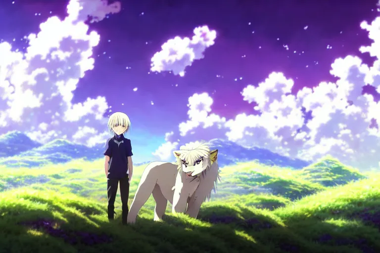 Image similar to a vast scene, panorama distant view, anime art full body portrait character concept art, hyper detailed scene render of a boy and a white lion, anime key visual of violet evergarden, finely detailed perfect face delicate features directed gaze, in the white clouds fairyland, trending on pixiv fanbox, violet evergarden, studio ghibli, james jean, extremely high quality artwork