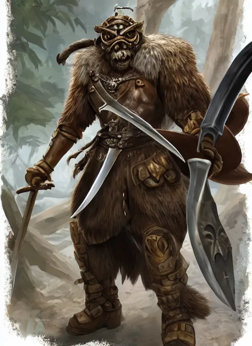 Image similar to strong young man, photorealistic bugbear ranger holding aflaming sword, black beard, dungeons and dragons, pathfinder, roleplaying game art, hunters gear, jeweled ornate leather and steel armour, concept art, character design on white background, by studio ghibli, makoto shinkai, kim jung giu, poster art, game art