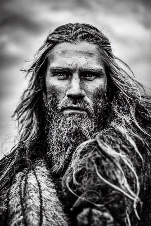 Prompt: realistic photograph of a rugged viking man in the middle of battle, highly detailed, cinematic, portrait, close - up,