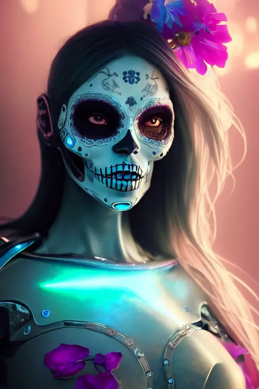 Image similar to ultra detailed, ethereal closeup photo of female android, flowerpunk, sharp focus, no blur, studio photo, floodlight, fantasy art, octane render, unreal engine, dia de los muertos, photorealistic concept art, triadic color scheme, art by artgerm and wlop and giger and greg rutkowski and alphonse mucha, 8 k