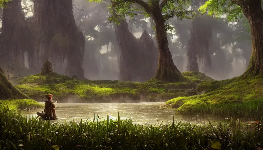 Image similar to A highly detailed matte painting of Shrek's huge swamp, by Studio Ghibli, Makoto Shinkai, by Artgerm, by WLOP, by Greg Rutkowski, volumetric lighting, octane render, 4K resolution, trending on artstation, masterpiece