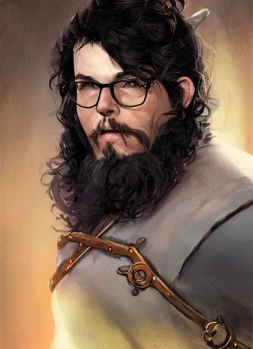 Prompt: chubby male with black wavy hair and glasses, dndbeyond, bright, colourful, realistic, dnd character portrait, face, pathfinder, pinterest, art by ralph horsley, dnd, rpg, lotr game design fanart by concept art, behance hd, artstation, deviantart, hdr render in unreal engine 5