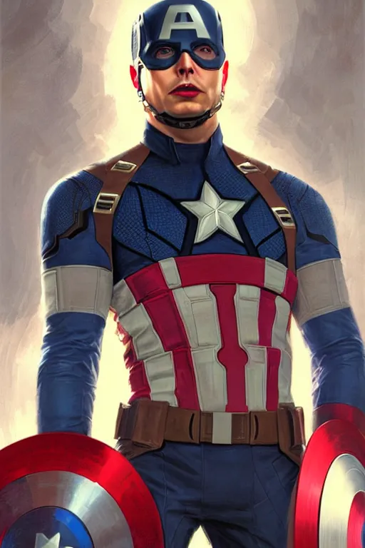 Image similar to elon musk as captain america, marvel character, portrait, highly detailed, digital painting, artstation, concept art, smooth, sharp focus, illustration, cinematic lighting, art by artgerm and greg rutkowski and alphonse mucha