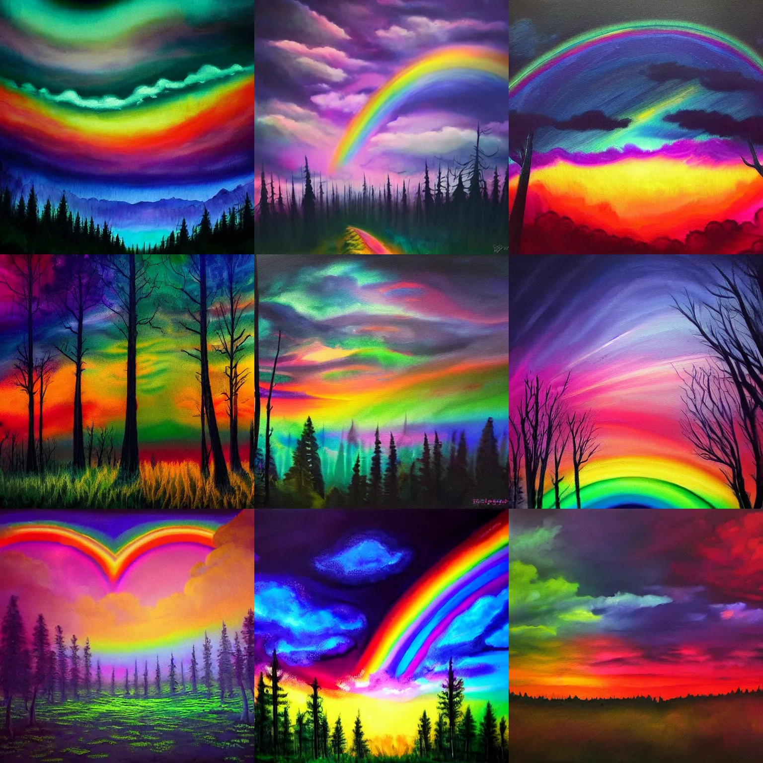 Prompt: a beautiful moody painting of a colourful rainbow sunset over a dark enchanted forest. dark foreground, intricate cloud pattern, vivid colours, ( psychedelic art ). trending on devianart. sense of awe.