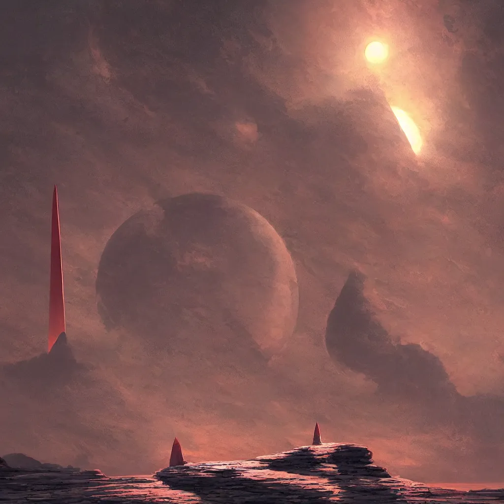 Prompt: red moon surface with a white tall obelisk in the foreground, dragon flying in the background, by ted nasmith, raphael lacoste, don maitz, stephan martiniere