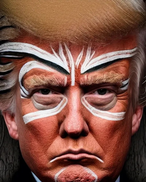 Prompt: a portrait photoraph of Donald Trump wearing ancient tribal face paint, DSLR photography