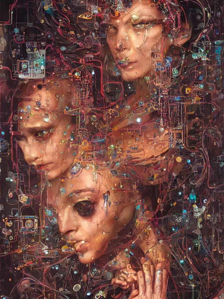 Image similar to portrait of computer & circuits, melting, gems and gold, 8 k, by tristan eaton, stanley artgermm, tom bagshaw, greg rutkowski, carne griffiths, ayami kojima, beksinski, giger, trending on deviantart, face enhance, hyper detailed, minimalist, cybernetic, android, blade runner, full of colour, super detailed