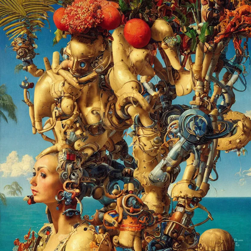 Prompt: a baroque close - up portrait painting of a robot person. water, colorful fruit, tropical palm trees, and mushrooms. surrealism. night background. highly detailed science - fiction fantasy painting by norman rockwell, moebius, frank frazetta, syd mead, and stanislaw fernandes. rich colors, high contrast. renaissance masterpiece. artstation