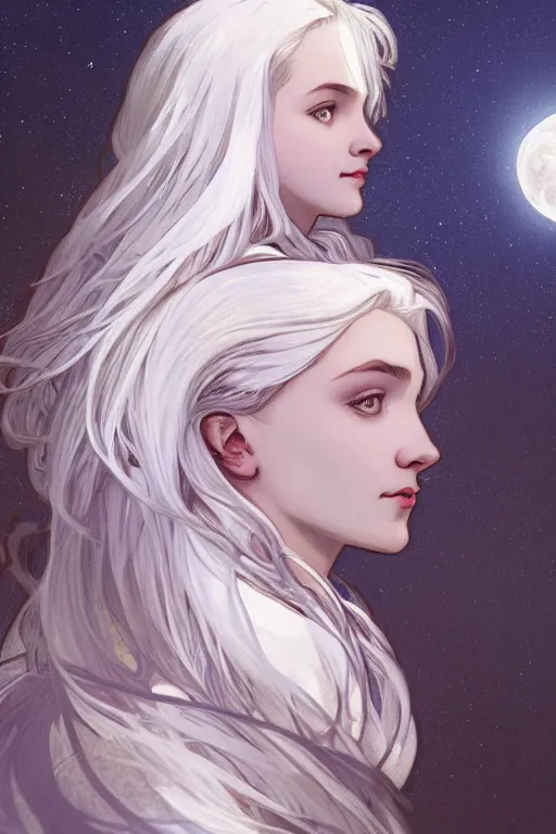 Prompt: white hair, portrait, girl, moon background, night, high detail, concept art, digital art, art of alphonse mucha, trending on artstation, trending on deviantart,