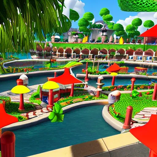 Prompt: realistic delfino plaza from super mario sunshine