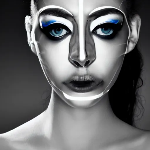 Image similar to high fashion photography of a model in neo futurism white sci - fi makup, transparent cloth, beautifully lit