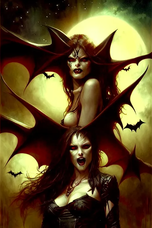 Image similar to evil female vampire, highly detailed, realistic style. night sky with bats. by raymond swanland, gaston bussiere, simon bisley