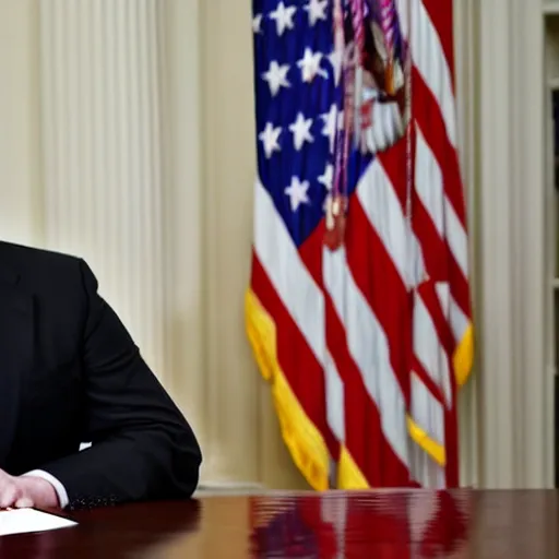 Image similar to griffith from berserk by kentaro miura sitting at white house desk with american flag at his side, photo by getty images