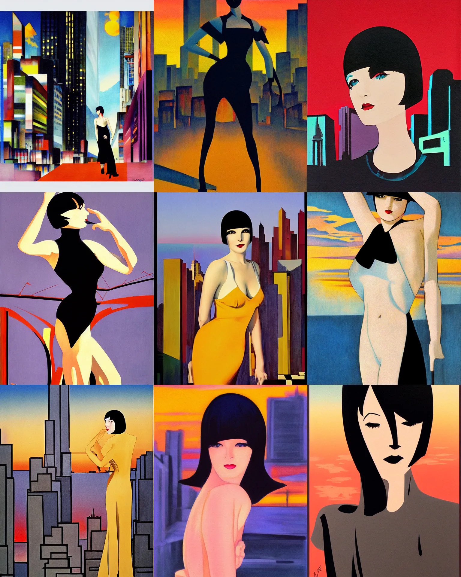 Prompt: mary louise brooks, dramatic light, art deco city background, sunset, high contrast, sharp, painted by stanley lau,, painted by stanley artgerm,, painted by patrick nagel