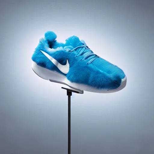 Prompt: poster nike shoe made of very fluffy blue faux fur placed on reflective surface, professional advertising, overhead lighting, heavy detail, realistic by nate vanhook, mark miner