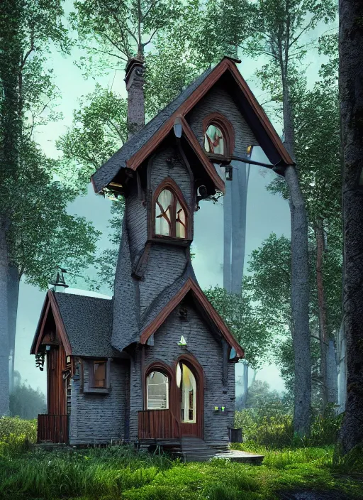 Image similar to hyper realistic homely ornate modern witch cottage far awqyb in the woods gorgeous lighting, blue sky, highly detailed, lush forest architectural render, octane render, ue 5 raytraced