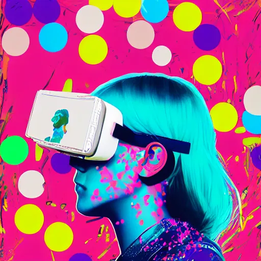 Prompt: illustration of cyberpunk girl with bubble gum in vr helmet, colorful splatters, by andy warhol and by zac retz and by kezie demessance