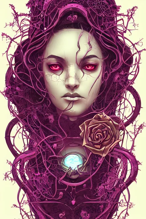 Image similar to 👁👩🏽🌹👾, phantom, dreary, dramatic, fluid, golden ratio, artstation, moebius + loish, hd, overgrown vines