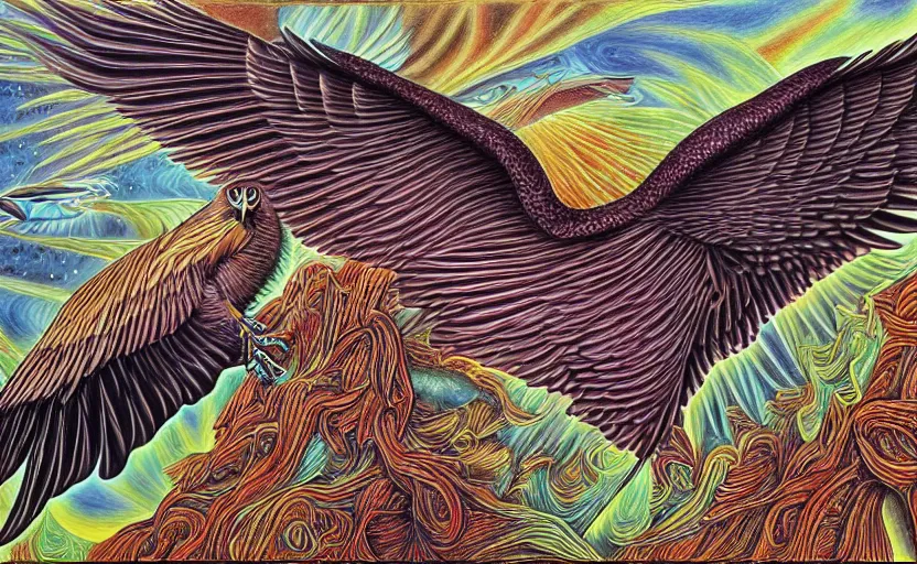 Image similar to a Photorealistic dramatic hyperrealistic hawk bird by Alex Grey