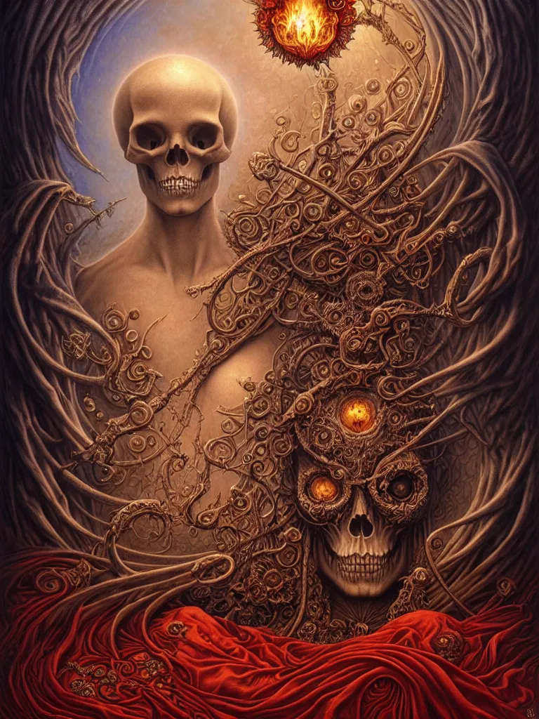 Image similar to A beautiful detailed orixa, tarot card, by tomasz alen kopera and Justin Gerard, symmetrical features, ominous, magical realism, texture, intricate, ornate, royally decorated, skull, skeleton, whirling smoke, embers, red adornements, red torn fabric, radiant colors, fantasy, trending on artstation, volumetric lighting, micro details, 3d sculpture, ray tracing, 8k, anaglyph effect