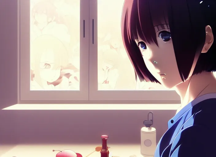 Prompt: anime visual, a young woman looking in a kitchen cabinet from a distance, cute face by ilya kuvshinov, yoshinari yoh, makoto shinkai, katsura masakazu, dynamic perspective pose, detailed facial features, kyoani, rounded eyes, crisp and sharp, cel shad, anime poster, ambient light,