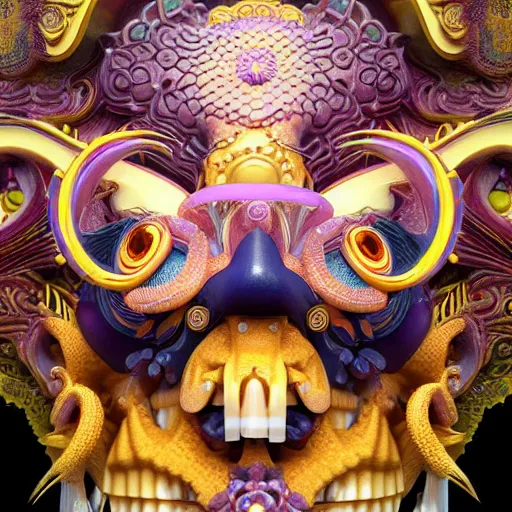 Image similar to 3 d goddess close - up frontal portrait with ram golden skull. beautiful intricately detailed japanese fractal kitsune mask and clasical japanese kimono. betta fish, jellyfish phoenix, bio luminescent, plasma, ice, water, wind, creature, mandelbulb, fractal, artwork by tooth wu and wlop and beeple and greg rutkowski