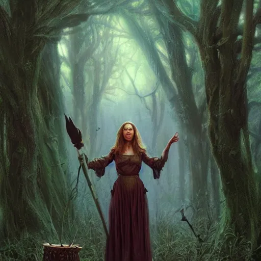 Image similar to Natalie Portman as a beautiful ancient witch in the forest by a fire at night, Darrell K Sweet, artstation, concept art, digital art, Michael Whelan, cinematic, mysterious